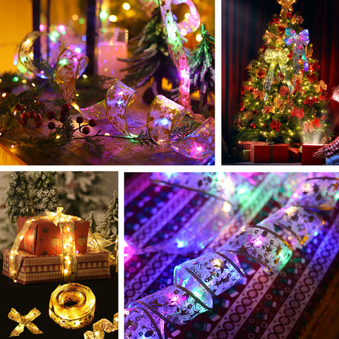 Christmas Tree LED Light Up Ribbon Bow Xmas Fairy String Lights Strip, Buy 4 Save 20%