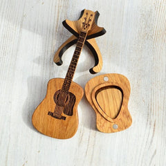 Mini Cute Edition Wooden Guitar Plectrum Case With Guitar Stand